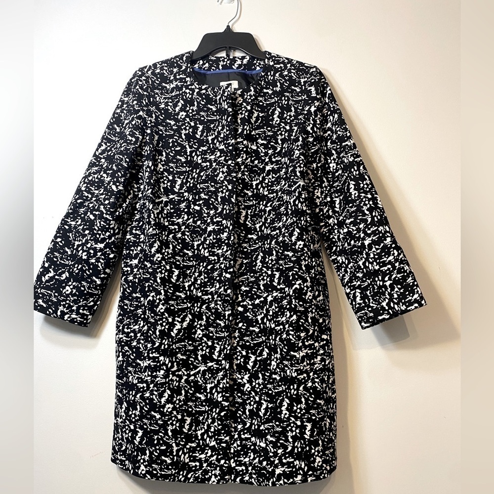 Women’s J Crew Black and White Long Full Zip Jacket Coat Preppy Cotton Size 2